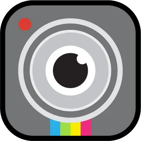 Stylized camera logo with colorful accents.