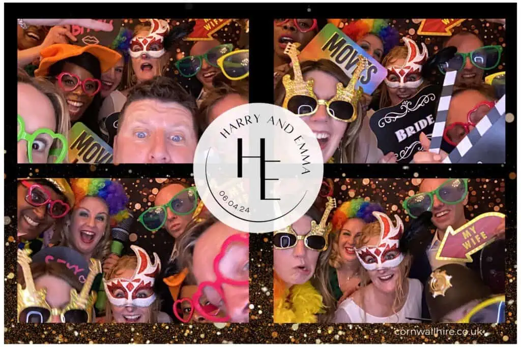 Group of people enjoying a photobooth with props.